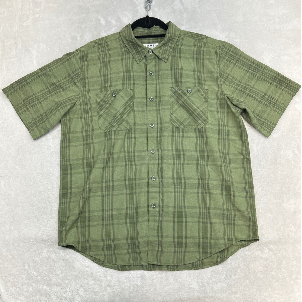 Orvis Button Up Shirt Mens XL Green Plaid Short Sleeve Outdoor Utility Pockets